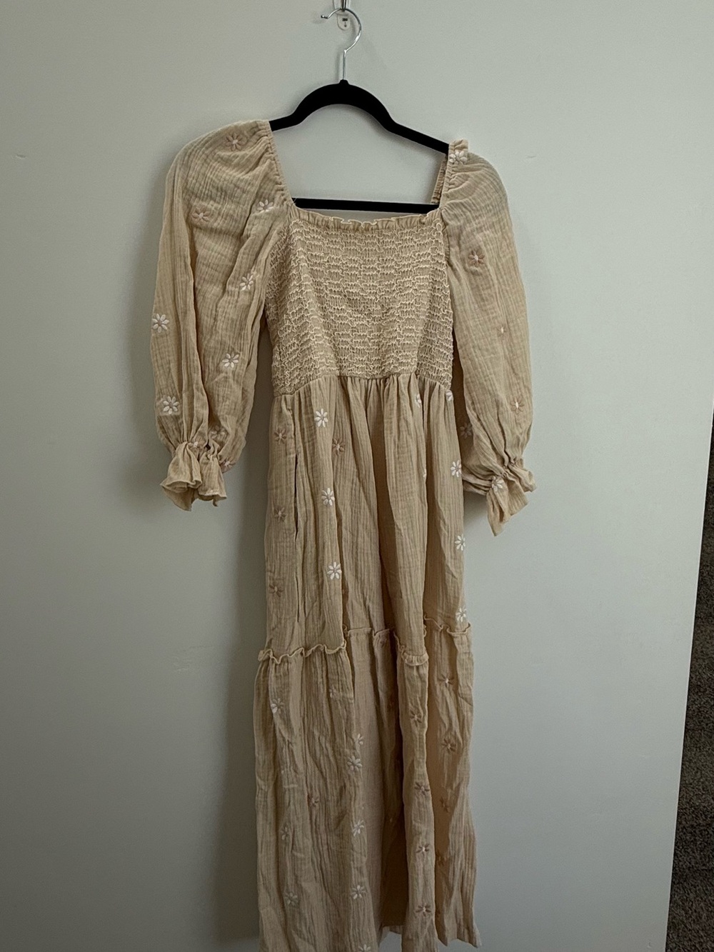 Amazon Beige Smocked Midi Dress with Puff Sleeves